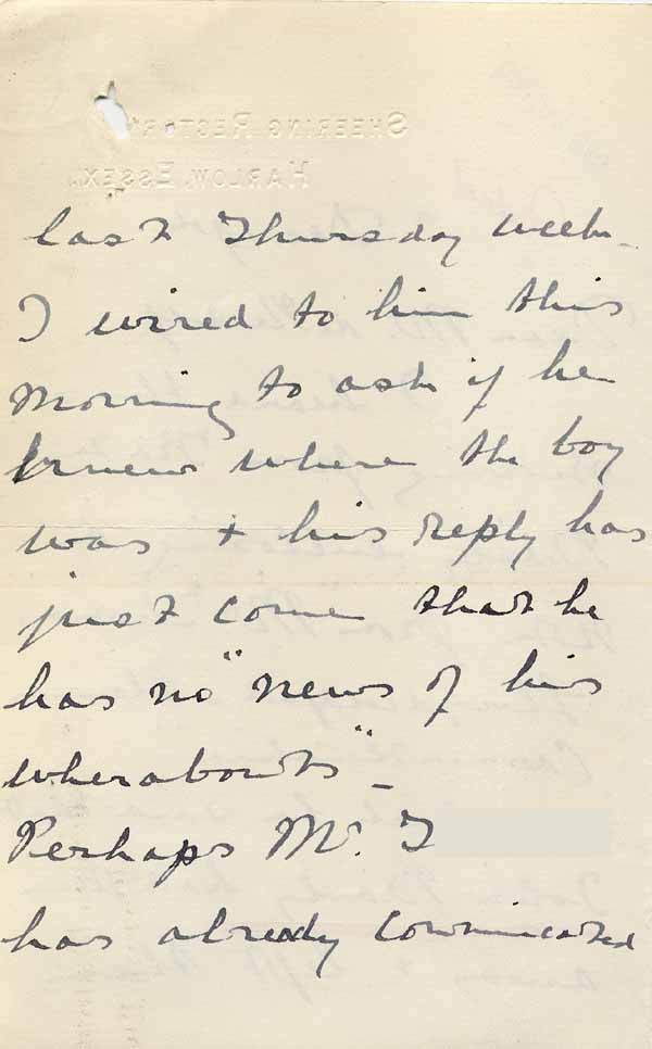 Large size image of Case 6001 40. Letter from Miss Williams informing Revd Edward Rudolf that J. has run away from the farm  19 December 1910
 page 2