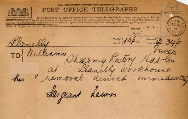Large size image of Case 6001 41. Telegram from the Police giving information that J. is at Llanelli Workhouse  21 December 1910
 page 1