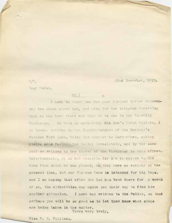 Large size image of Case 6001 43. Copy letter from Revd Edward Rudolf to Miss Williams about J's removal to the Standon Farm Home  22 December 1910
 page 1