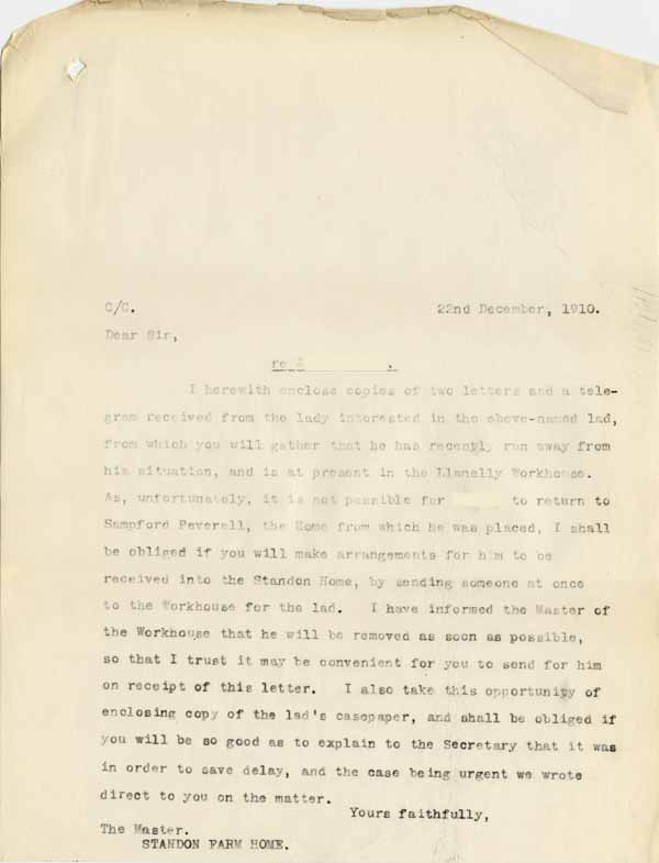 Large size image of Case 6001 44. Copy letter to the Standon Farm Home  22 December 1910
 page 1