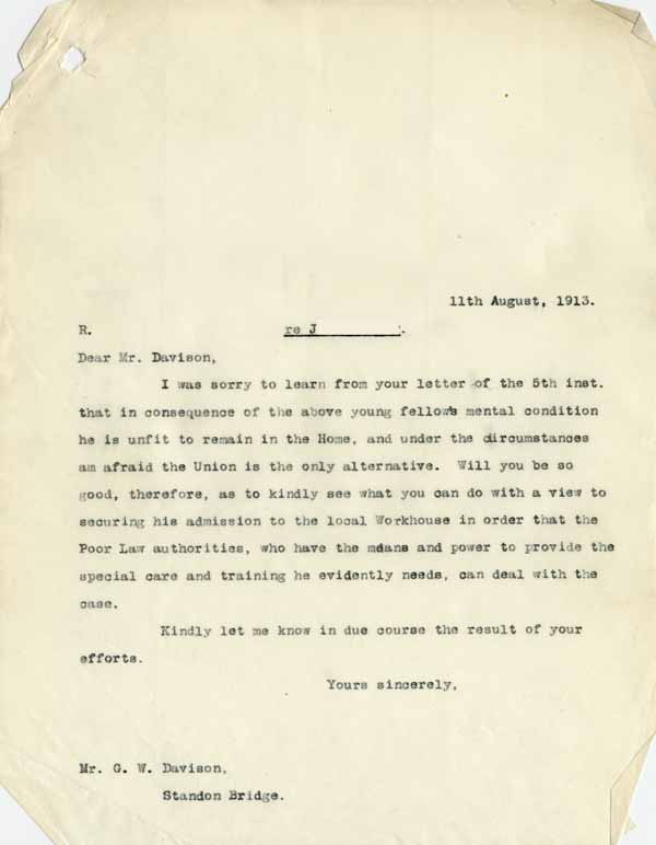 Large size image of Case 6001 53. Copy letter from Revd Edward Rudolf suggesting that J. be placed in the care of the Poor Law authorities  11 August 1913
 page 1