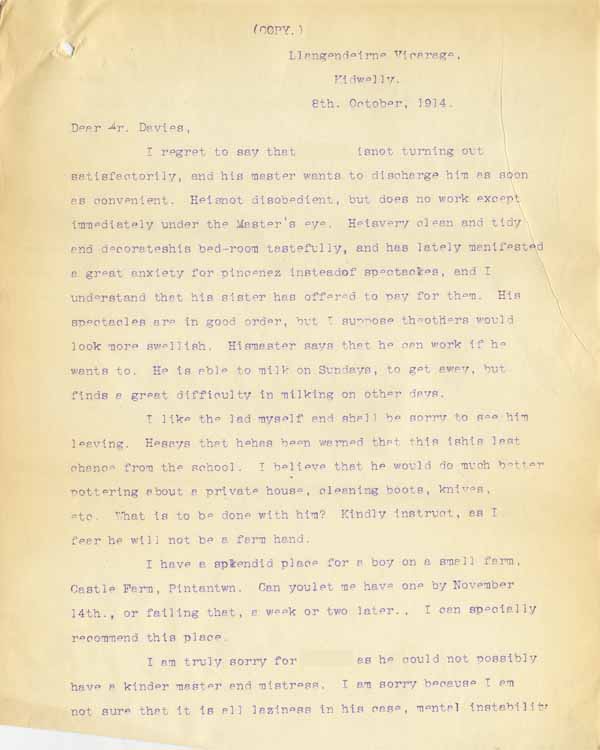 Large size image of Case 6001 57. Copy letter from Revd Davies about J.  8 October 1914
 page 1