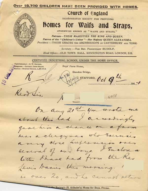 Large size image of Case 6001 58. Letter from the Standon Farm Home about J's possible removal to the care of the Poor Law authorities in Stone, Staffordshire  9 October 1914
 page 1