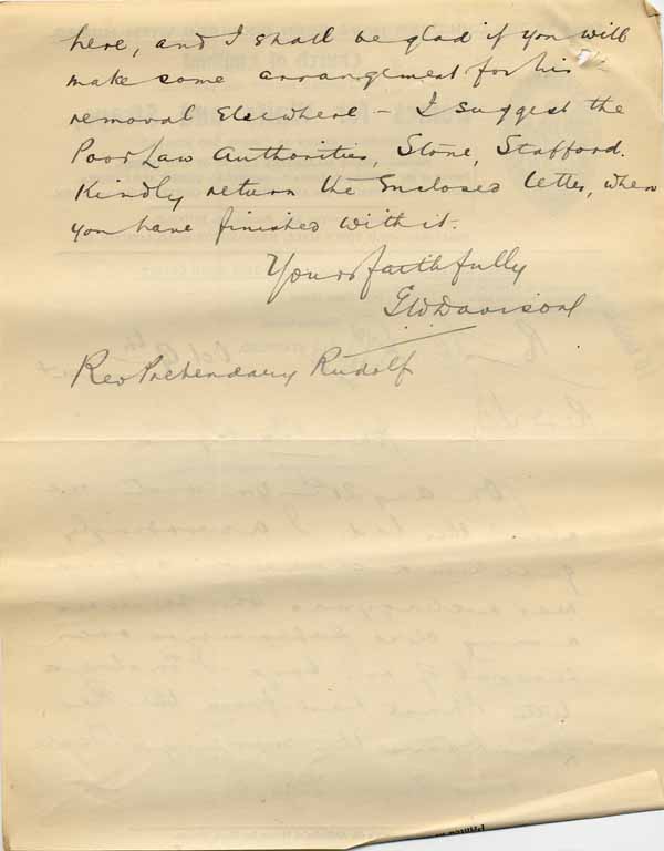 Large size image of Case 6001 58. Letter from the Standon Farm Home about J's possible removal to the care of the Poor Law authorities in Stone, Staffordshire  9 October 1914
 page 2