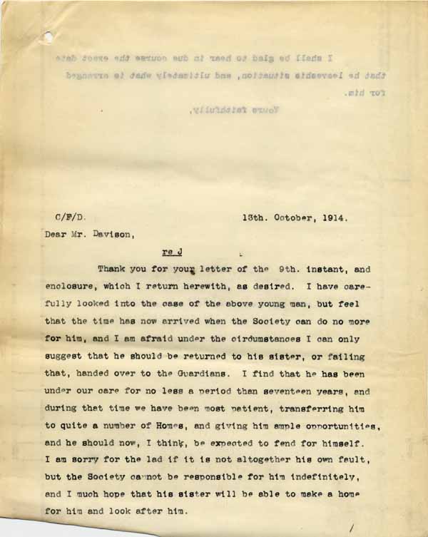 Large size image of Case 6001 59. Copy letter from Revd Edward Rudolf suggesting that J. be cared for by his sister or the Poor Law authorities  13 October 1914
 page 1