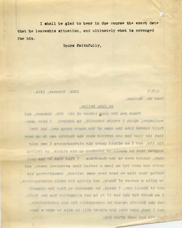 Large size image of Case 6001 59. Copy letter from Revd Edward Rudolf suggesting that J. be cared for by his sister or the Poor Law authorities  13 October 1914
 page 2