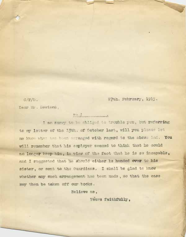 Large size image of Case 6001 60. Copy letter from Revd Edward Rudolf asking what happened to J.  27 February 1915
 page 1