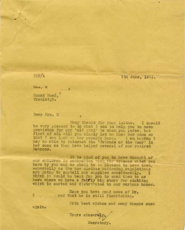 Large size image of Case 6024 4. Copy letter offering help in making provision for A.  9 June 1941
 page 1