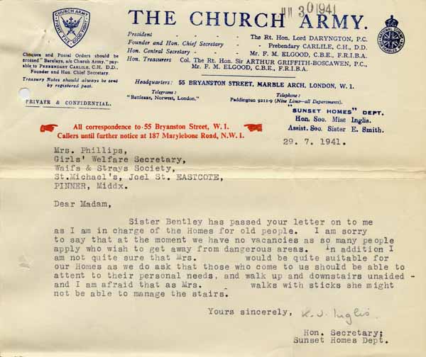 Large size image of Case 6024 9. Letter from the Church Army saying they have no vacancies  29 July 1941
 page 1