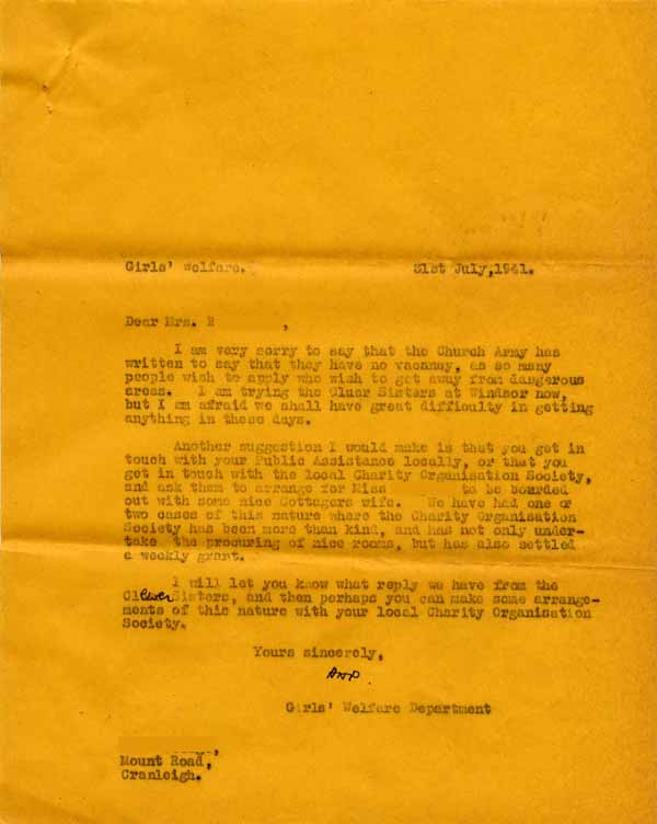 Large size image of Case 6024 11. Copy letter to Mrs B. letting her know about the search for a suitable home and making further suggestions of places to go for help  31 July 1941
 page 1