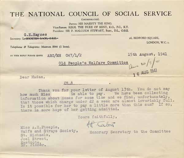 Large size image of Case 6024 15. Letter from the National Council of Social Service asking how much A. could pay towards her keep  15 August 1941
 page 1