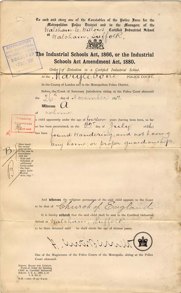Large size image of Case 6213 1. Order of detention in an Industrial School 26 November 1897
 page 1