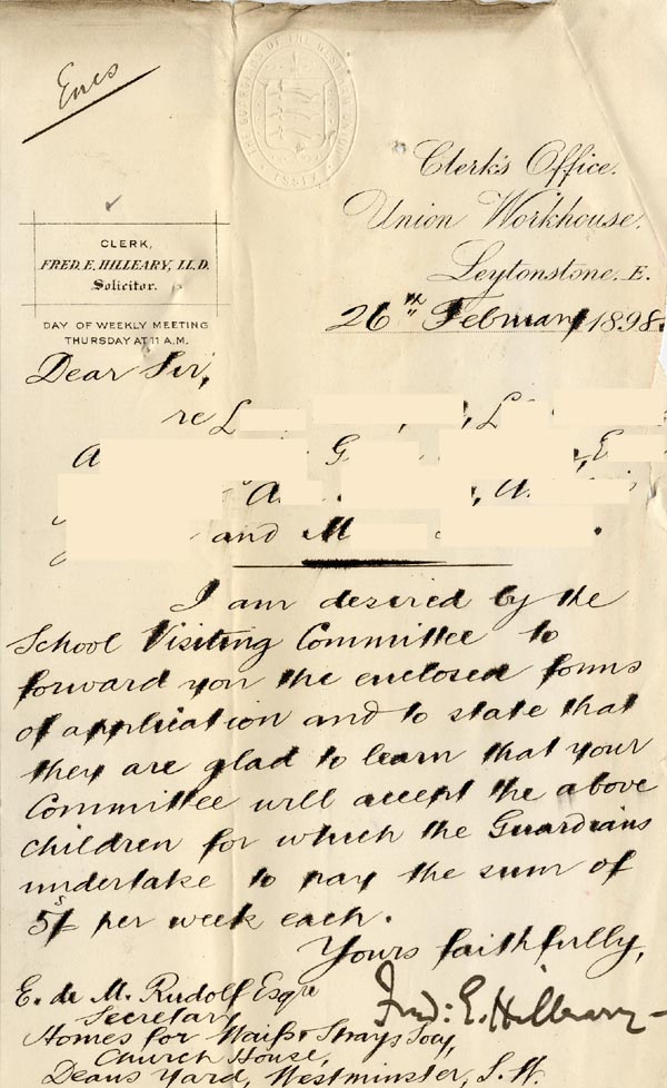 Large size image of Case 6351 2. Letter from Mr F.E. Hillary, Union Workhouse to Edward Rudolf  26 February 1898
 page 1