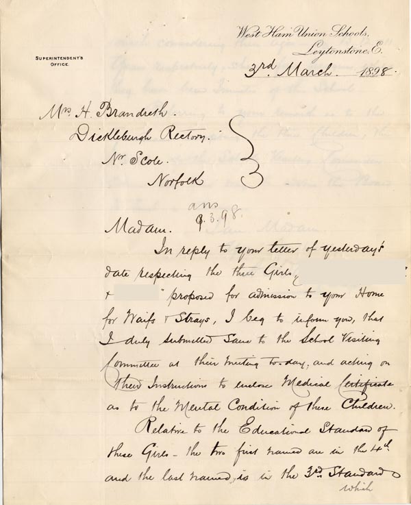 Large size image of Case 6351 4. Letter from Mr A.I. Wiley, Supt. of West Ham Union to Mrs Brandreth 3 March 1898
 page 1