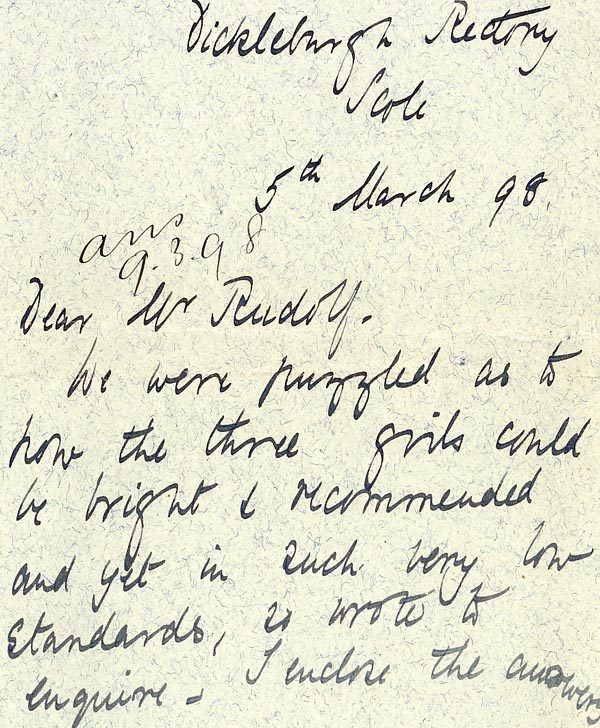 Large size image of Case 6351 6. Letter from Mrs Brandreth, Sec. of Rose Cottage Home For Girls to Edward Rudolf  5 March 1898
 page 1
