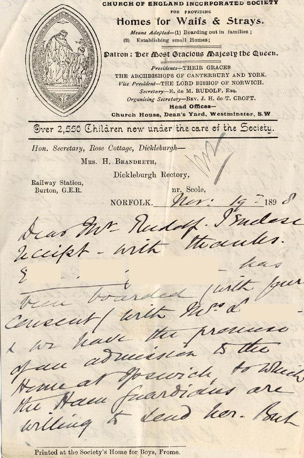 Large size image of Case 6351 7. Letter from Mrs Brandreth, Sec. of Rose Cottage Home For Girls to Edward Rudolf 19 March 1898
 page 1