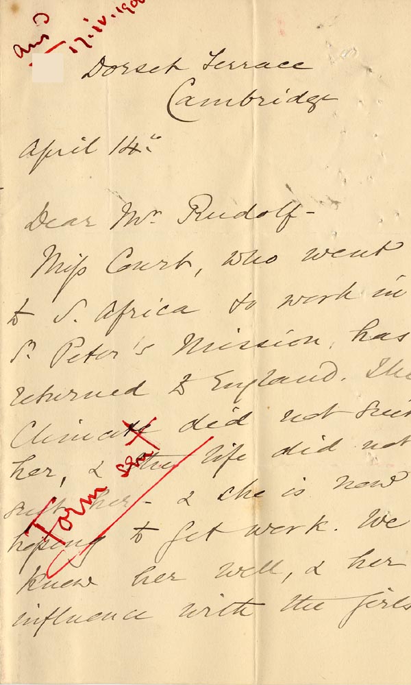 Large size image of Case 6351 10. Letter from Mrs Brandreth, Sec. of Rose Cottage Home For Girls to Edward Rudolf 14 April 1900
 page 1