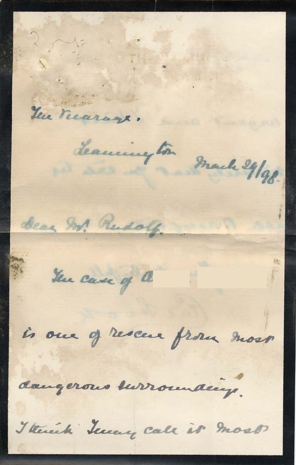 Large size image of Case 6424 2. Letter from Revd H. commending A's case  6 March 1898
 page 1