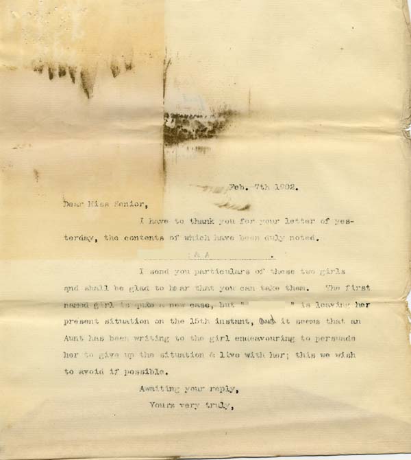 Large size image of Case 6424 6. Copy letter to Miss M. Senior asking if she can take A.  7 February 1902
 page 1