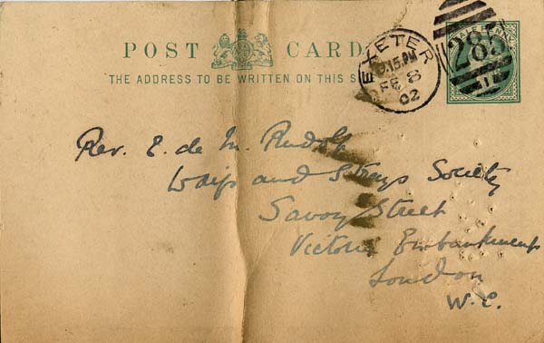 Large size image of Case 6424 8. Card from Miss Senior saying that Miss Snowden at St Olave's Home will take A.  8 February 1902
 page 1