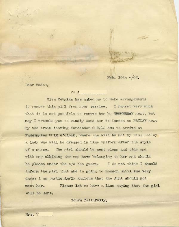Large size image of Case 6424 9. Copy letter to A's employer asking her to send A. to London  10 February 1902
 page 1