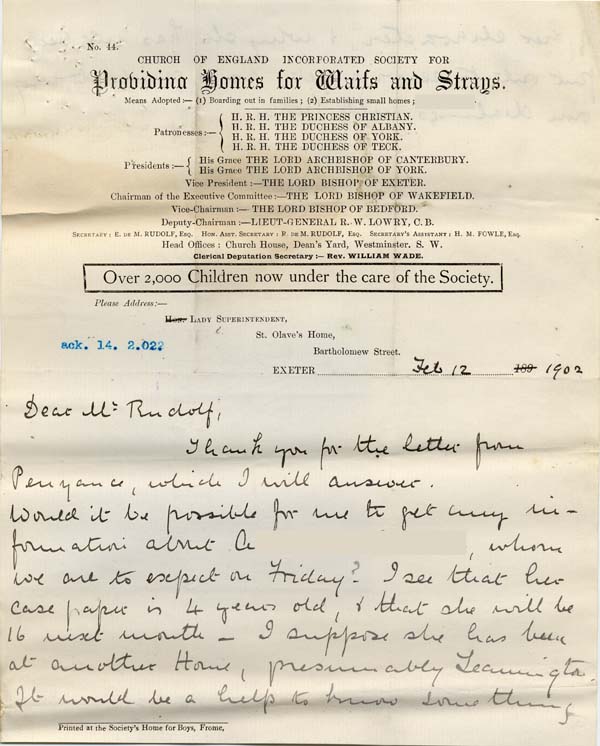 Large size image of Case 6424 10. Letter from St Olave's Home asking for information about A.  12 February 1902
 page 1