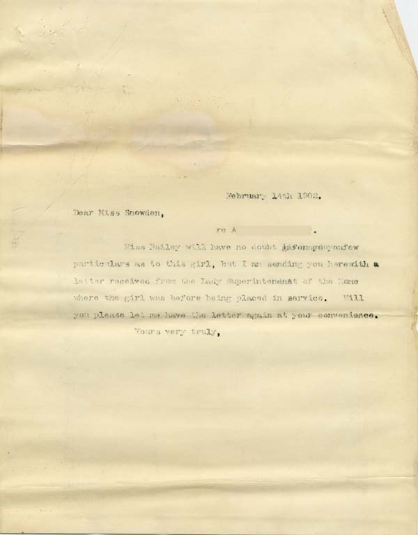 Large size image of Case 6424 12. Copy letter to Miss Snowden  14 February 1902
 page 1