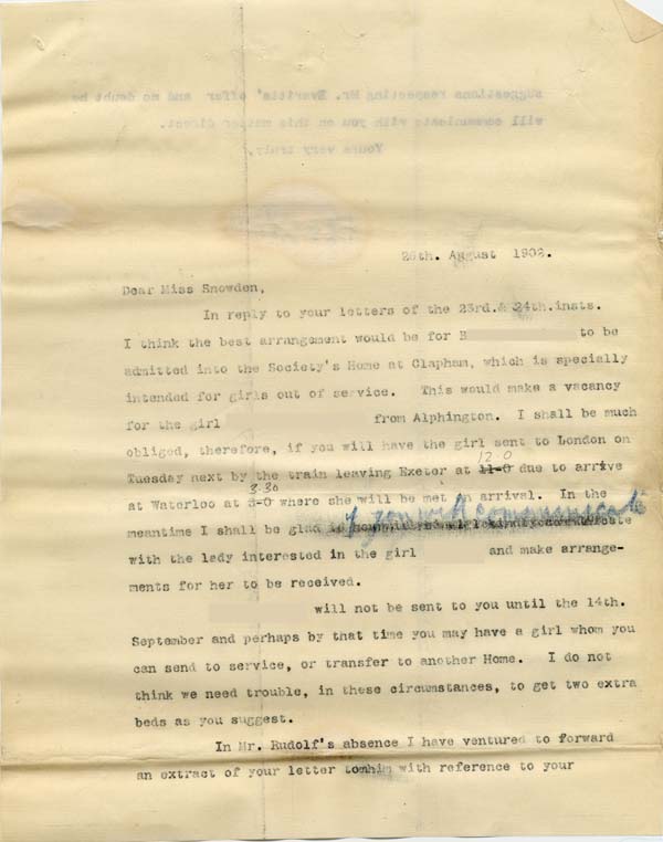Large size image of Case 6424 20. Copy letter to Miss Snowden (A. referred to as B.)  26 August 1902
 page 1