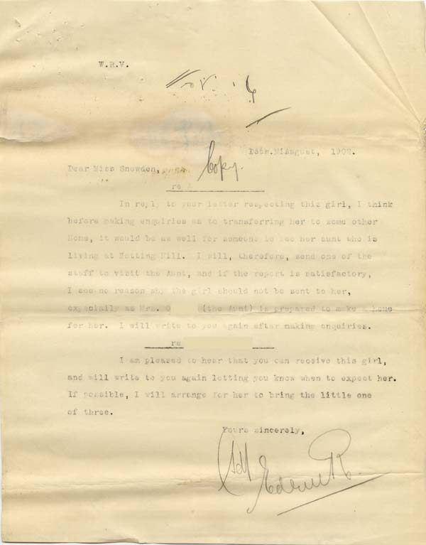 Large size image of Case 6424 21. Copy letter to Miss Snowden about visiting A's aunt  August 1902
 page 1