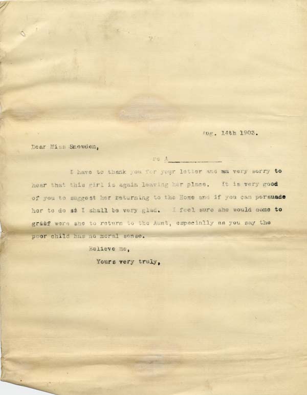 Large size image of Case 6424 23. Copy letter to Miss Snowden  14 August 1903
 page 1