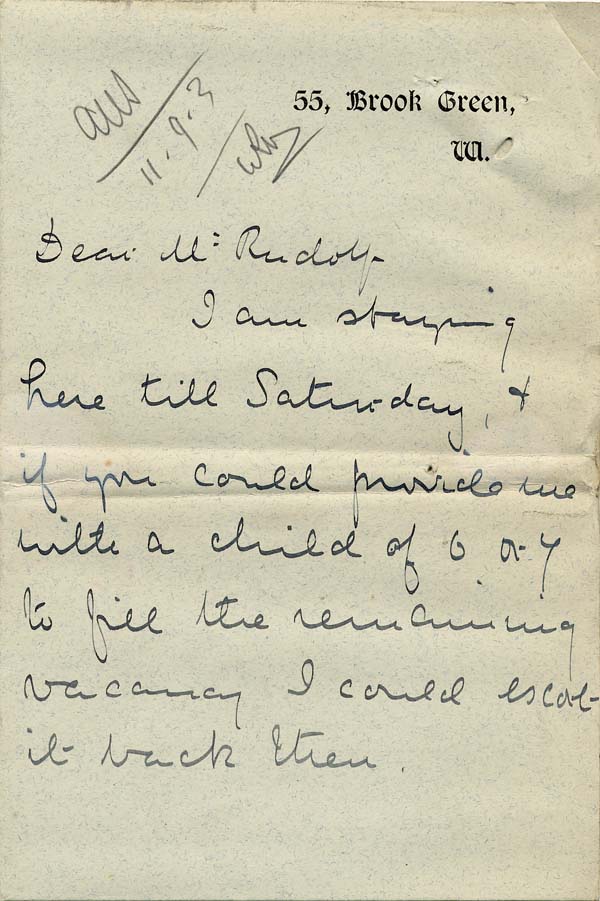 Large size image of Case 6424 24. Letter from Miss Snowden informing Revd Edward Rudolf of A's return to her aunt  [September 1903]
 page 1