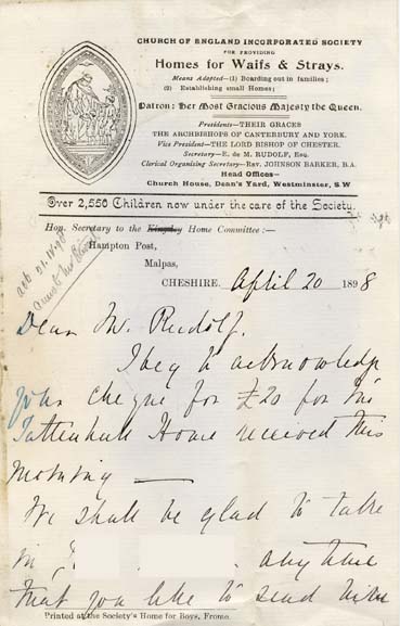 Large size image of Case 6428 4. Letter from the Tattenhall Home saying they will admit J.  20 April 1898
 page 1