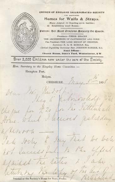 Large size image of Case 6428 6. Letter from the Tattenhall Home mentioning that J. will arrive that day  5 May 1898
 page 1