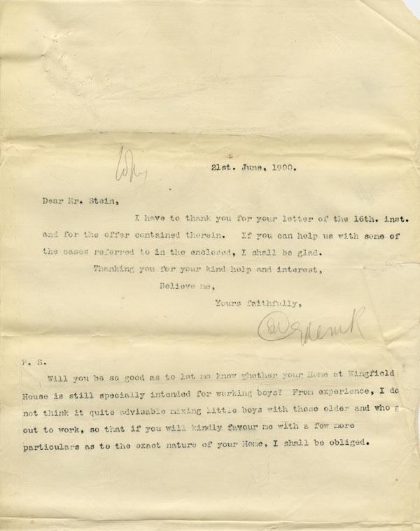 Large size image of Case 6537 6. Copy letter from Waifs and Strays' Society to Mr C. A. Stein requesting help with certain boys and asking about the age range in the Home  21 June 1900
 page 1