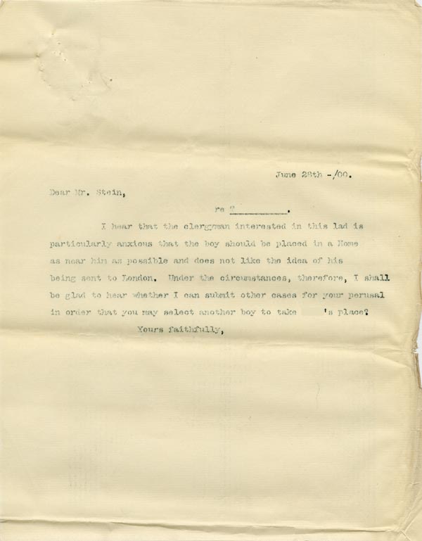 Large size image of Case 6537 9. Copy letter from Revd Edward Rudolf withdrawing one of the above five boys as the clergyman who was helping him did not wish him to go to London  28 June 1900
 page 1