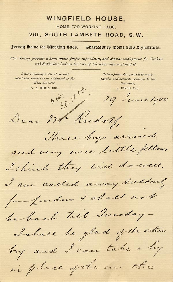 Large size image of Case 6537 10. Letter from Mr C.A. Stein acknowledging the arrival of the new boys and offering to take more  29 June 1900
 page 1