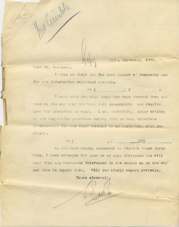Large size image of Case 8455 9. Copy letter to Bersted Home concerning J's removal  25 September 1902
 page 1