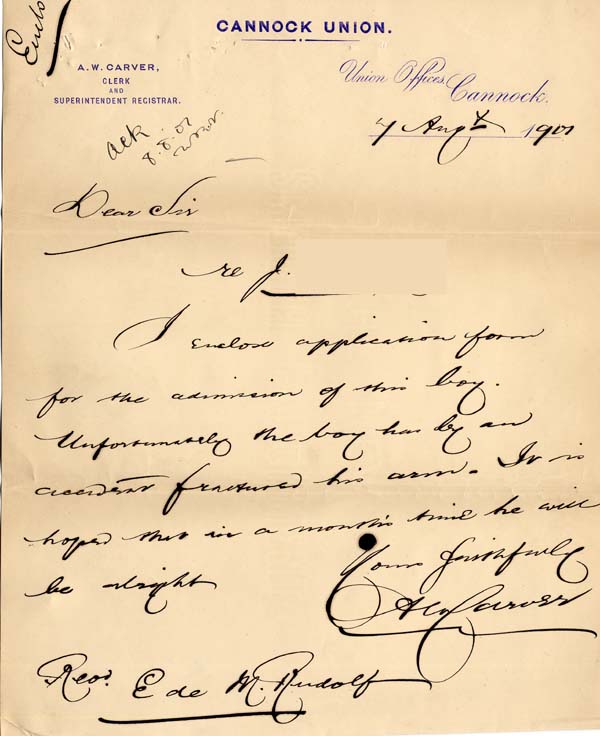 Large size image of Case 8473 2. Letter from Mr A.W. Carver, Cannock Union to Edward Rudolf  7 August 1901
 page 1