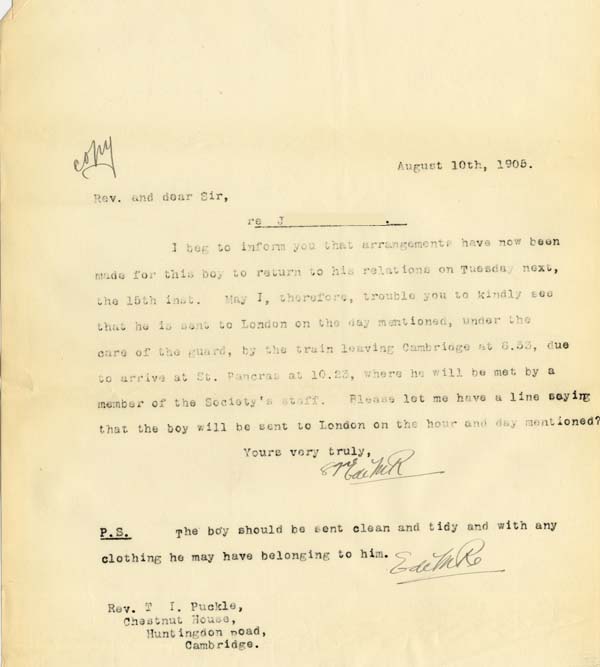 Large size image of Case 8473 17. Letter from Edward Rudolf to Revd T.I. Puckle 10 August 1905
 page 1