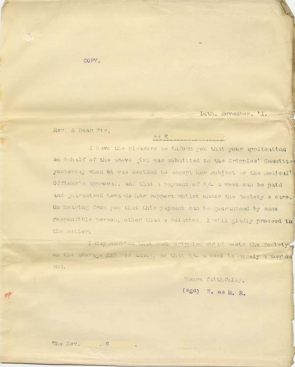 Large size image of Case 8587 5. Letter to Revd S. accepting E. for St Nicholas' Home  14 November 1901
 page 1