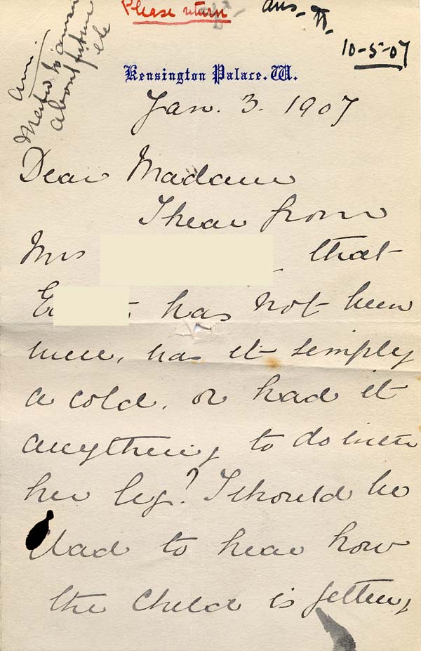 Large size image of Case 8587 7. Letter from Miss B. enquiring about E's progress  3 January1907
 page 1