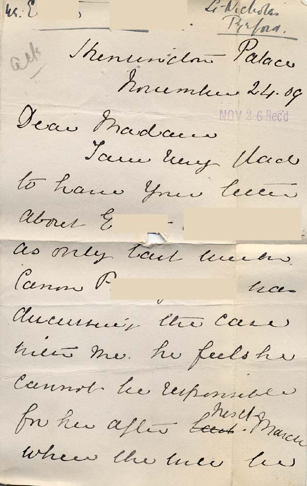 Large size image of Case 8587 12. Letter from Miss B. discussing the possibility of an apprenticeship for E.  24 November 1909
 page 1