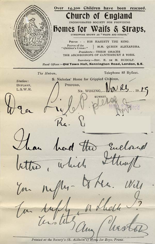 Large size image of Case 8587 14. Letter from St Nicholas's Home to Revd Edward Rudolf enclosing the above letter  25 November 1909
 page 1