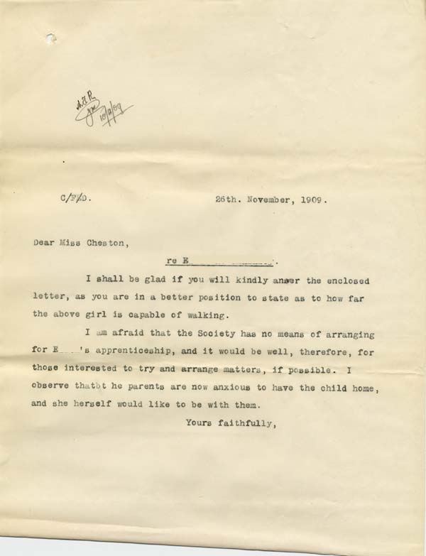 Large size image of Case 8587 15. Copy letter to St Nicholas' Home from Revd Edward Rudolf requesting that they answer Miss B's letter  26 November 1909
 page 1