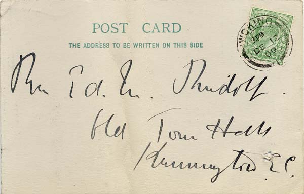Large size image of Case 8587 16. Card to Revd Edward Rudolf from St Nicholas' Home saying they have had no reply from Miss B.  12 December 1909 
 page 1