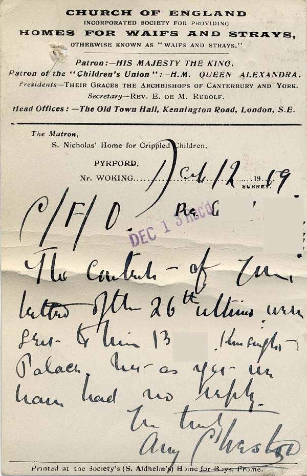 Large size image of Case 8587 16. Card to Revd Edward Rudolf from St Nicholas' Home saying they have had no reply from Miss B.  12 December 1909 
 page 2