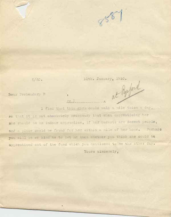 Large size image of Case 8587 17. Copy letter to Prebendary P. of Kensington about E.  11 January 1910
 page 1