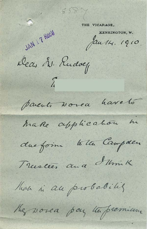 Large size image of Case 8587 18. Letter from Prebendary P. about the Campden Trustees paying for E's apprenticeship  14 January 1910
 page 1