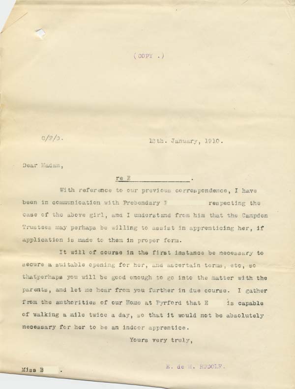 Large size image of Case 8587 19. Copy letter to Miss B. concerning E's apprenticeship  18 January 1910
 page 1