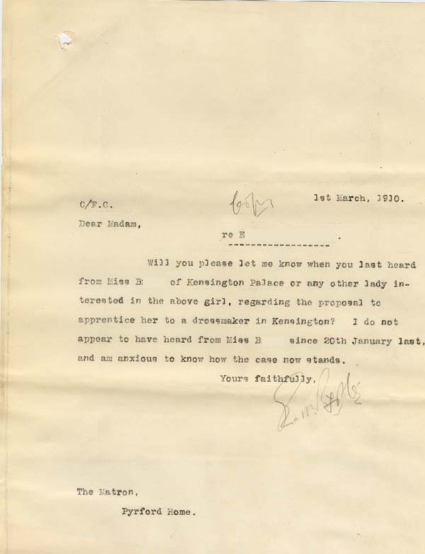 Large size image of Case 8587 22. Copy letter from Revd Edward Rudolf enquiring about progress in E's case  1 March 1910
 page 1